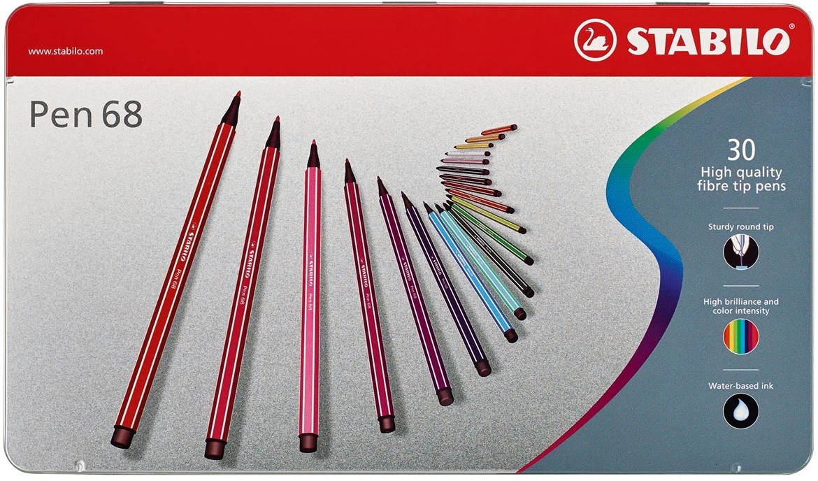 munt Klassiek Bestudeer STABILO Pen 68 viltstift, metalen doos van 30 stiften in geassorteerde  kleuren Biblioshop